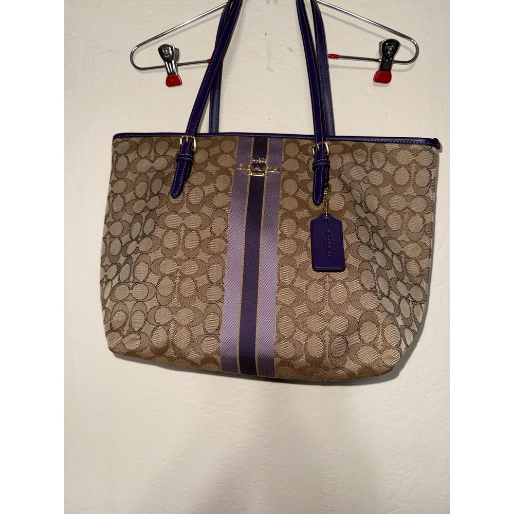 Coach Signature Stripe Tote Bag and wallet Purple Trim Canvas Leather Trim - Picture 2 of 10